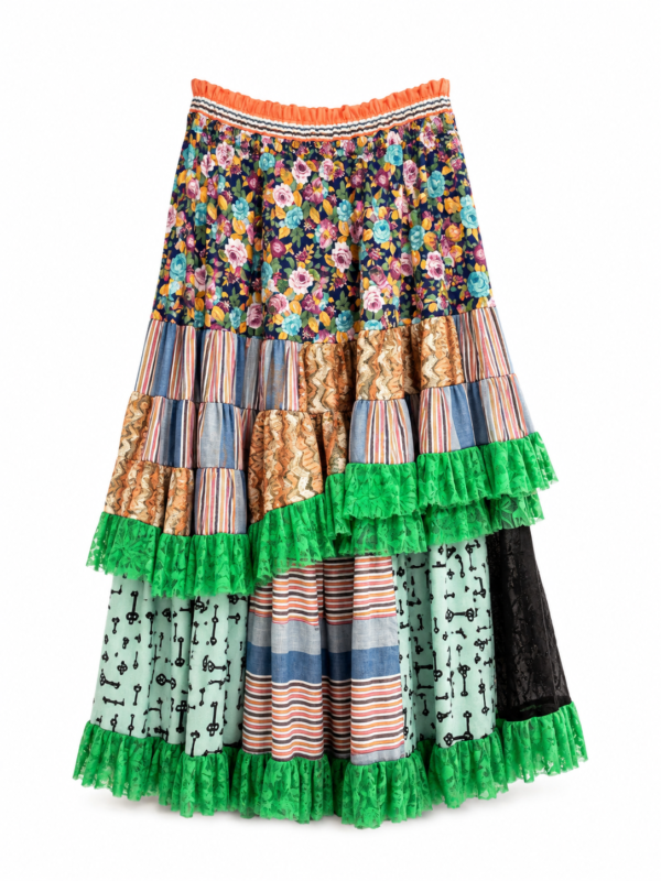 Emerald Floral Patchwork Ruffle Skirt