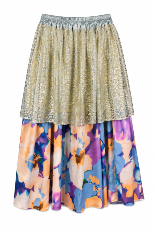 Silver Gold Floral Layered Midi Skirt