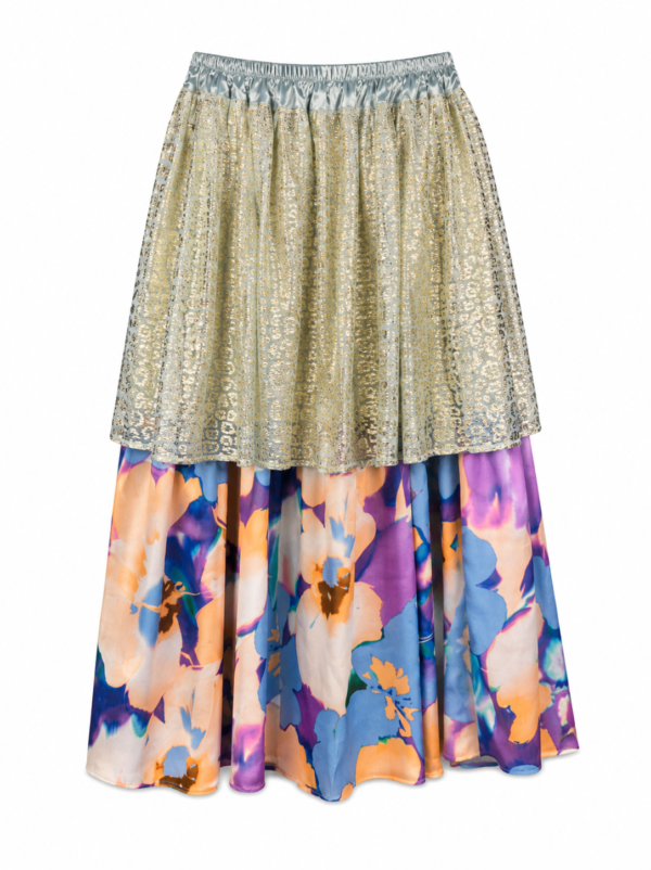 Silver Gold Floral Layered Midi Skirt