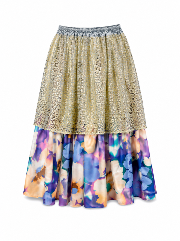 Silver Gold Floral Layered Midi Skirt