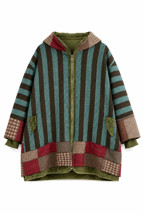 Patchwork Striped Hooded Coat