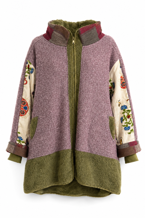 Dusty Rose Olive Textile Collage Coat
