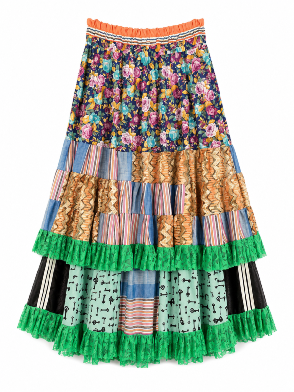 Emerald Floral Patchwork Ruffle Skirt